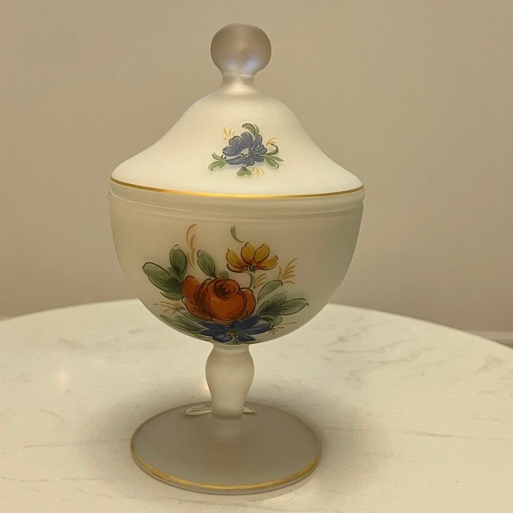 Vtg Italian Frosted Satin Glass Candy Dish‎ Rossini Hand Painted Pedestal Lidded